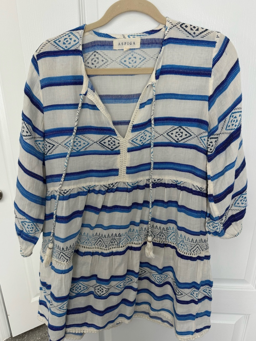 Aspiga Sophia Striped Kaftan Mini Dress - Blue & White Size Small